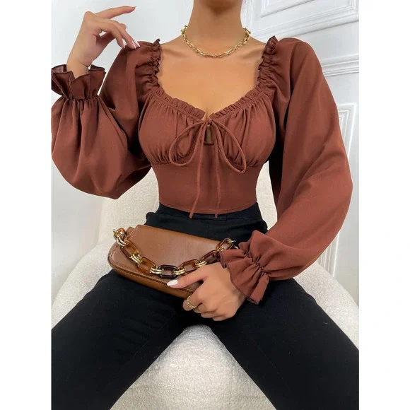 Frill Trim Bell long Sleeve Ruched Bust Milkmaid crop top boho brown - Picture 10 of 11